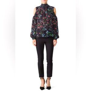MILLY Dana Silk Blouse Top Cold Shoulder High Neck Black Red Green Blue Floral 0